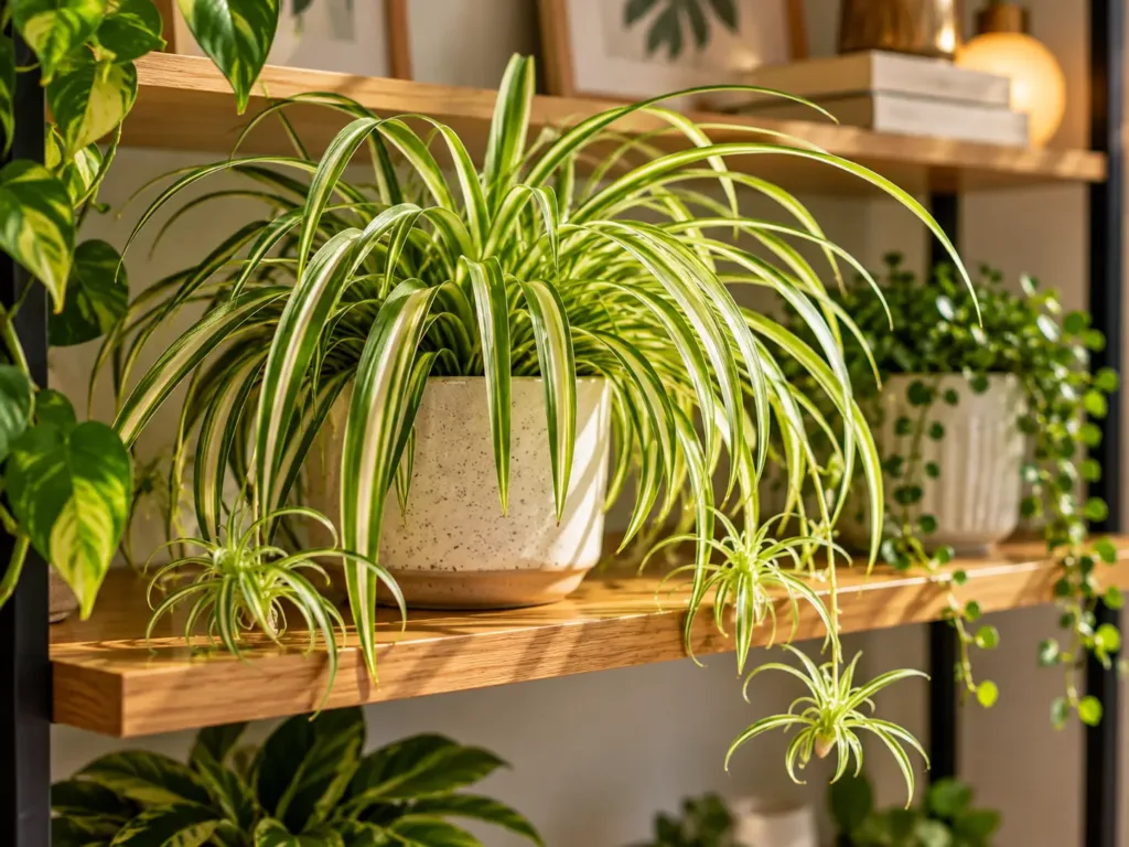 Plantas para colocar em prateleiras sem ocupar muito espaço Clorofito: folhas arqueadas e crescimento ornamental